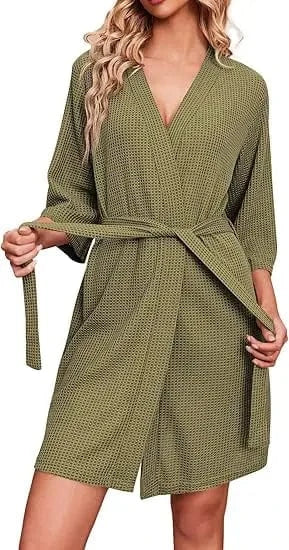 L / Army Green 100% Cotton Wholesale Waffle Bathrobe Highly Breathable Waffle Robe in Bags and Rolls for Men Women