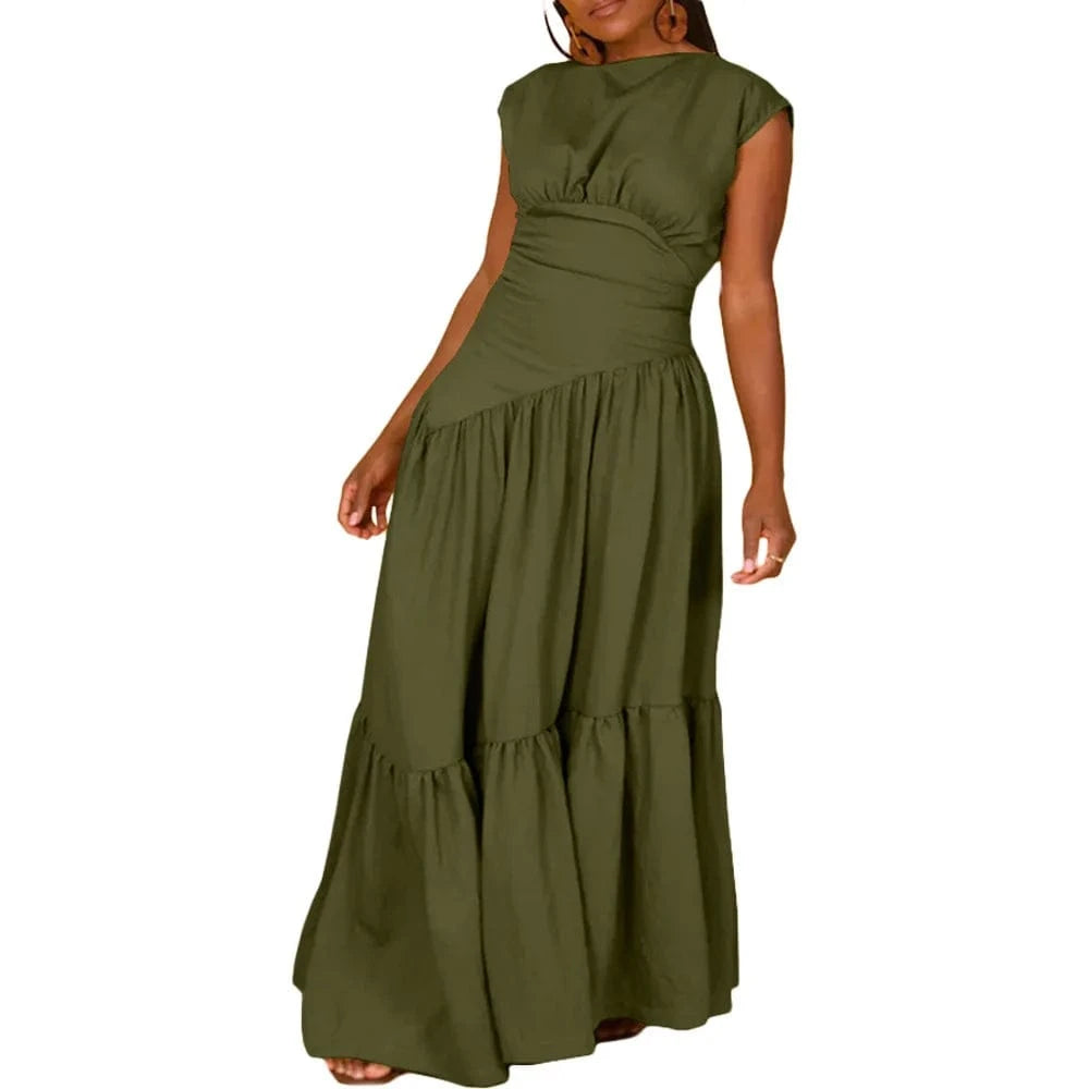 L / Army Green 2024 best selling products Summer solid color sleeveless pleated loose wide nylon dress
