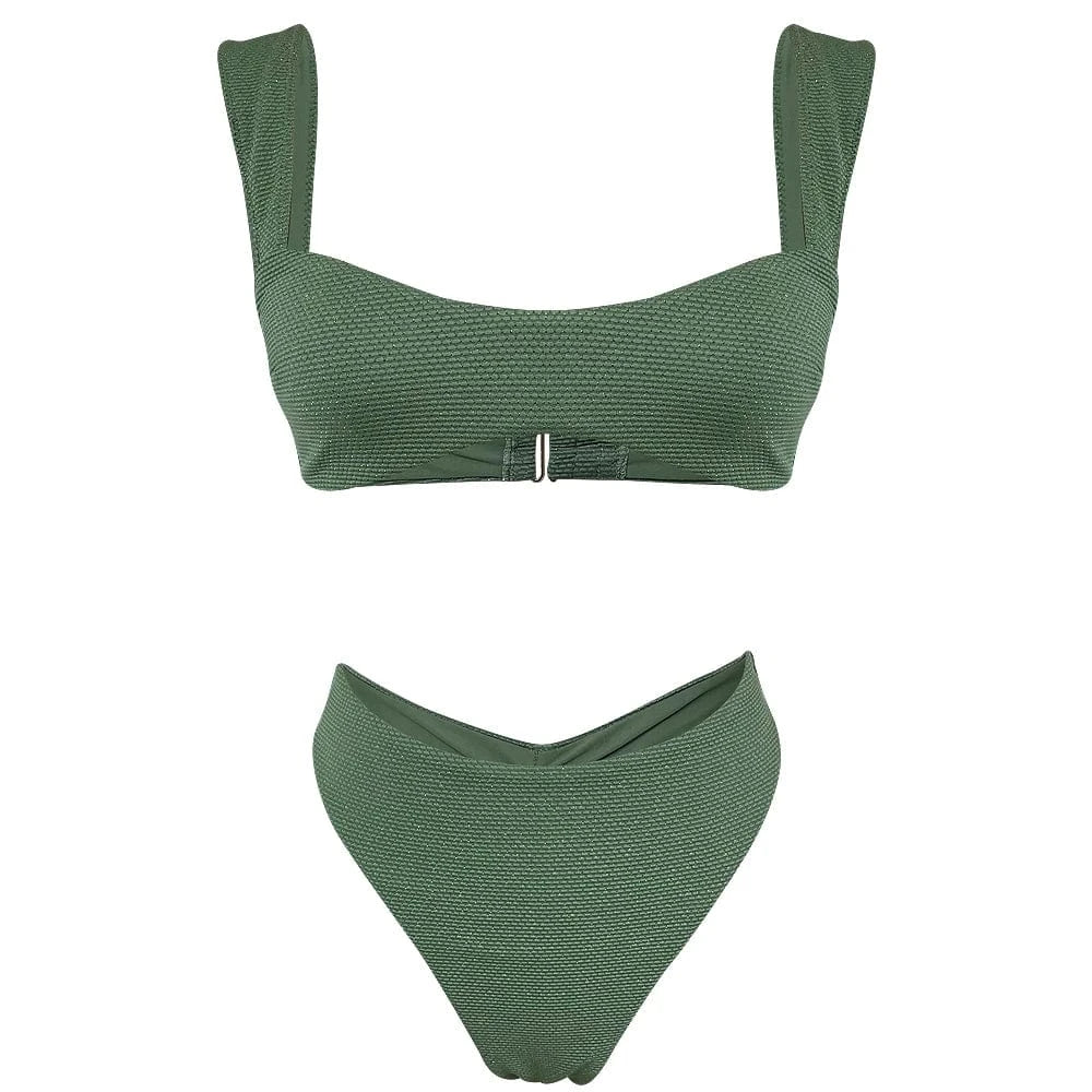 L / Army Green 2024 new Wide shoulder straps Bikini Solid Color Swim Swimsuit Beachwear High Waist Swimwear