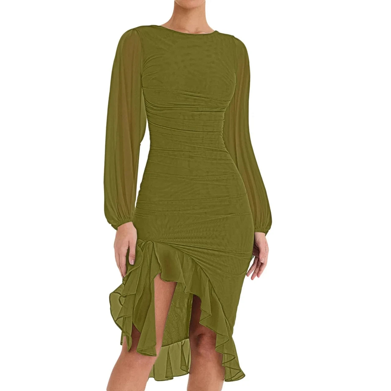 L / Army Green 2024 spring summer long Sleeve lace Irregular bodycon Dress Net Women's Ruffles Casual Dress