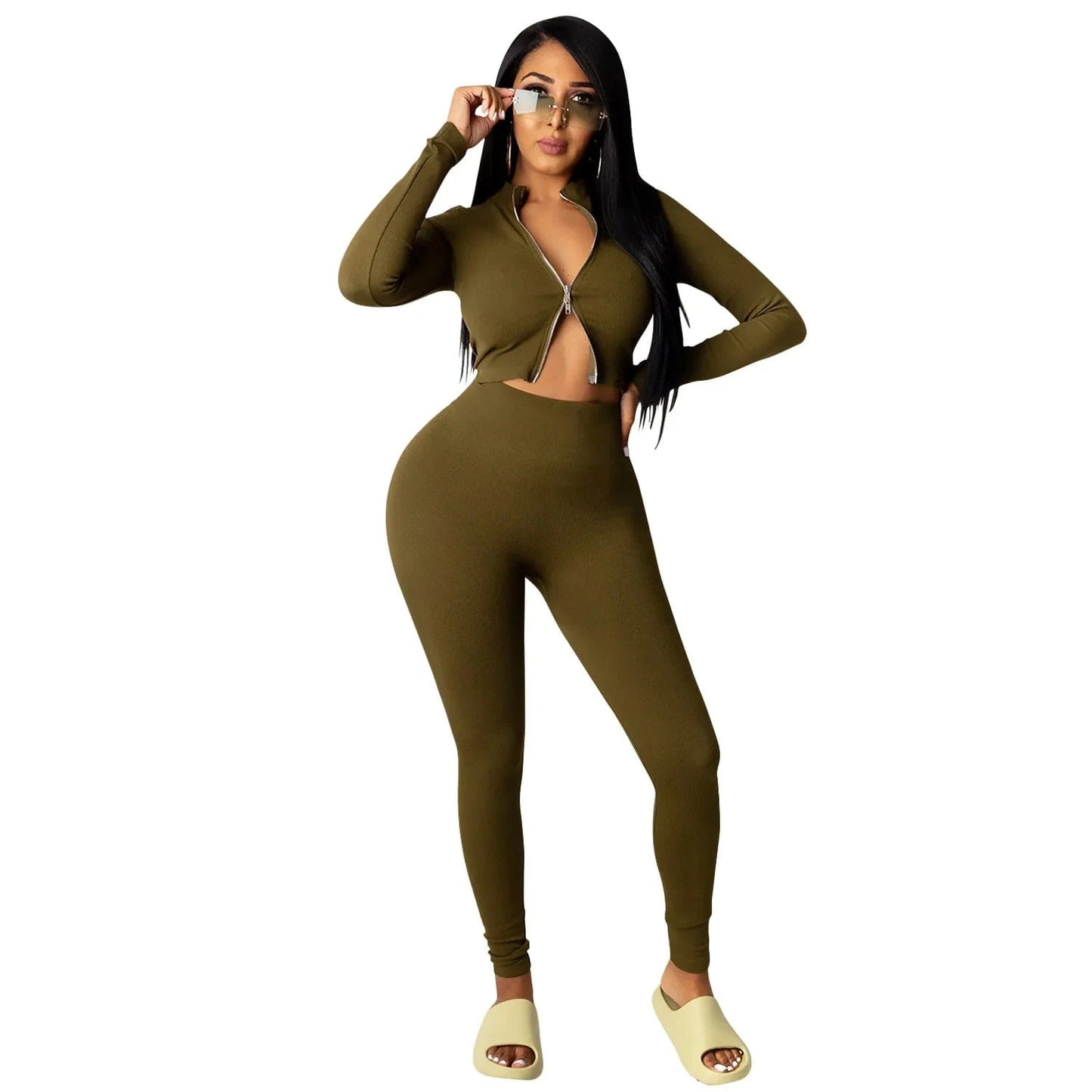 L / Army Green 2024 Wholesaler New Fall Women Casual Solid Color 2 Piece Pants Set Sweat Suits Outfit Women Two Piece Tracksuit Set