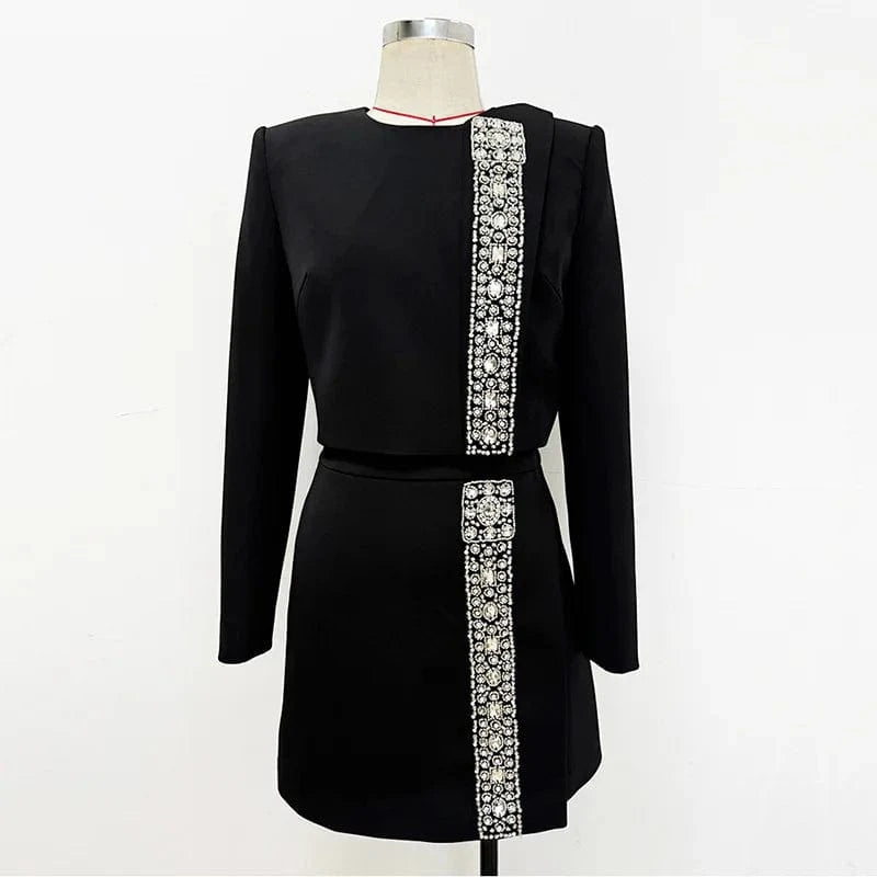 L / as pic High-quality Rhinestone Black Fashion Women's Suits 2024 New Star With Heavy Nails Long Sleeve Tops Short Skirt