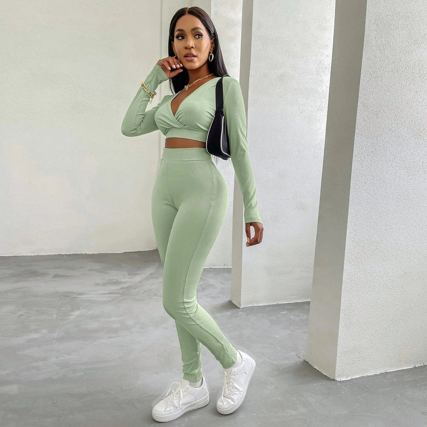 L / bean green 2024 autumn winter New casual tight sports suit for women two pcs gym running outside wear suits