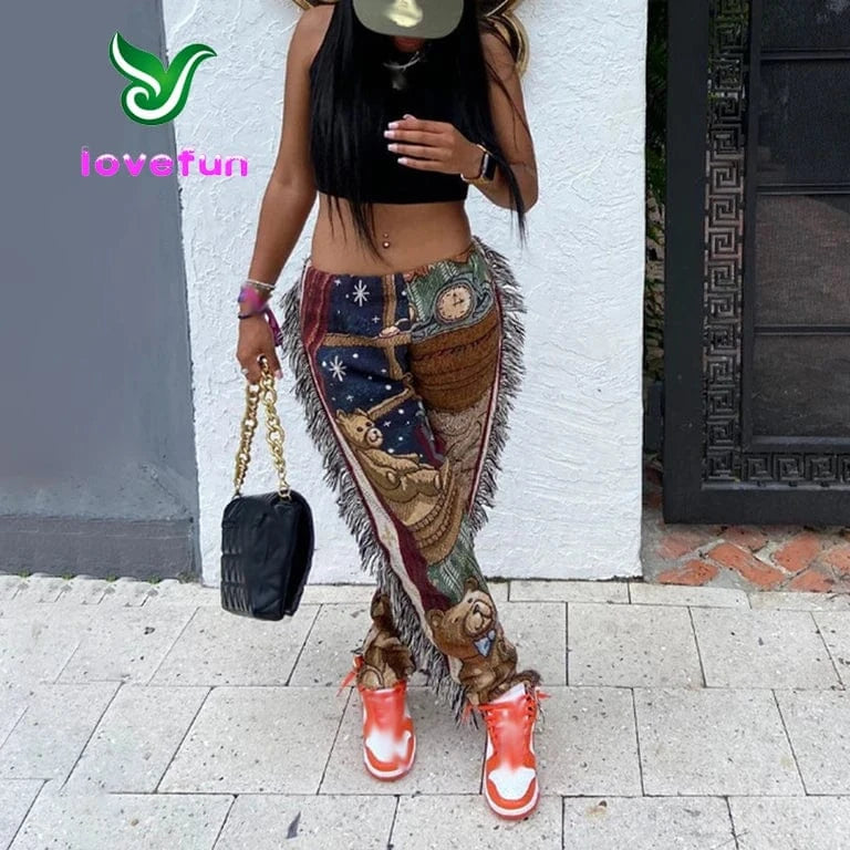 L / bear Fashion Tassel Pants Women High Waist Skinny Streetwear Casual Side Tassel Fringe Tapestry Pants For Women