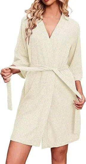 L / Beige 100% Cotton Wholesale Waffle Bathrobe Highly Breathable Waffle Robe in Bags and Rolls for Men Women