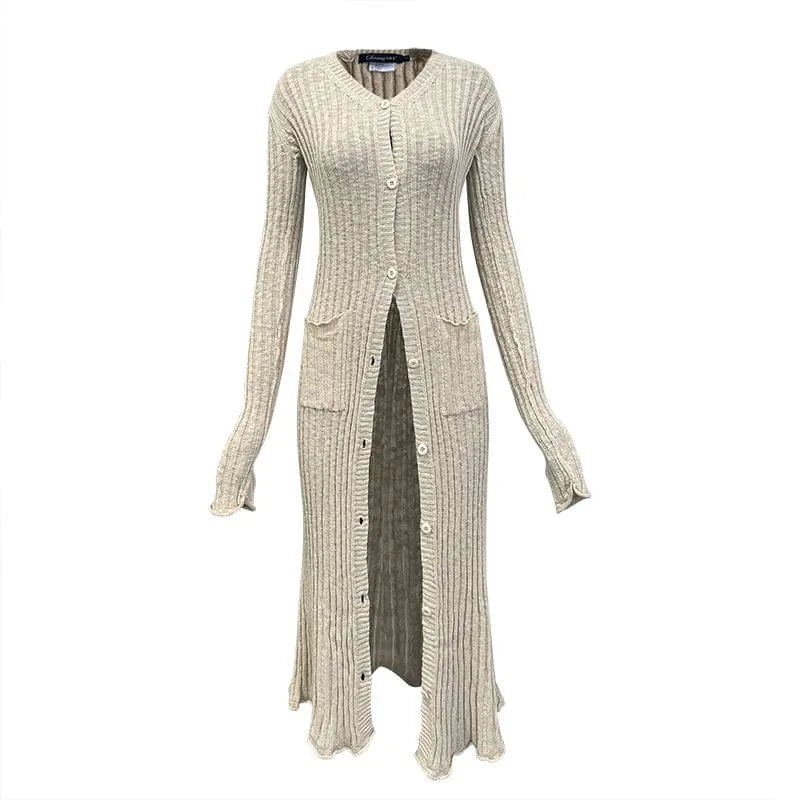 L / Beige 2024 Spring Sexy Slight See-through V-neckline Long Sleeve Lady Cloth Stitching Slim Fitted Women Midi Solid Knit Dress