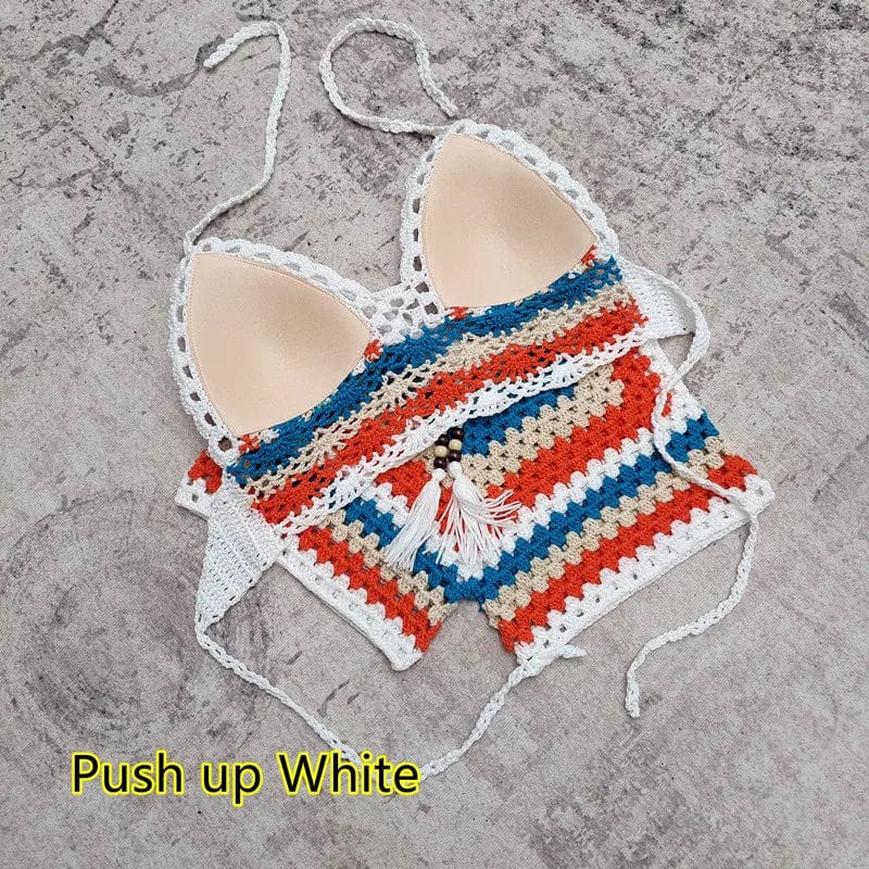 L / Beige Ready to ship 2024 summer crochet knitted swimwear bathing suits beachwear bikini set