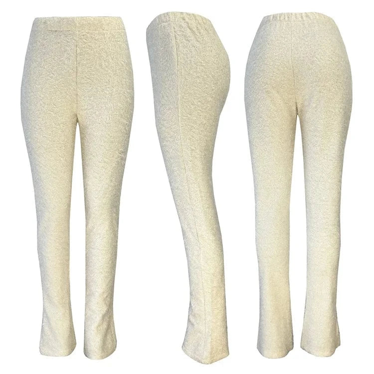 L / Beige Spring 2024 Womens Street Fashion Fluffy Stacked Jogger Pants Trousers Solid Color Women Bell Bottom Joggers Fuzzy Stacked Pants