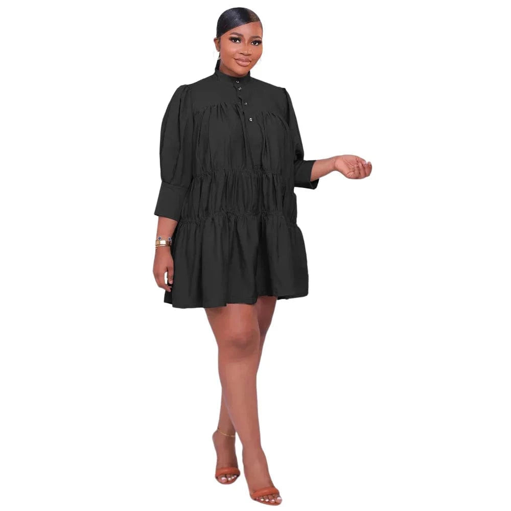 L / Black 10246 New Arrival Women's Clothing Fall Shirt Dress High Neck Solid Color Loose Long Sleeve Women Midi Large Swing Dress