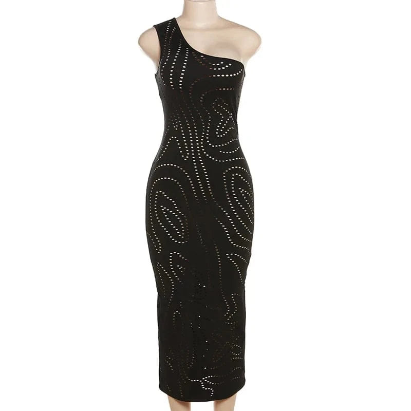 L / Black 2023 Summer Women Long Dress Elegant One Shoulder Sexy Hollow Out Bodycon Lady Bodycon Black Dress