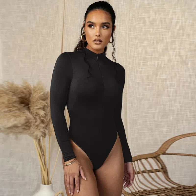 L / Black 2024 Autumn winter Woman Zipper Up Solid Sexy  Long Sleeve Bodysuits