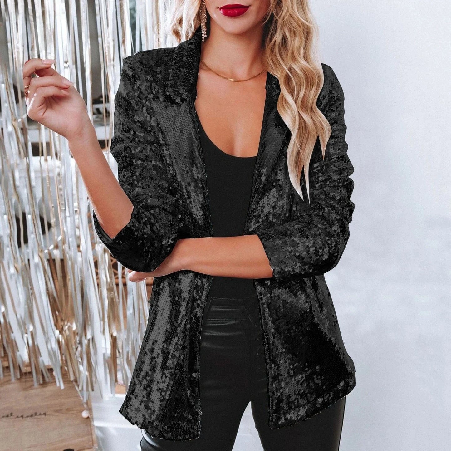 L / Black 2024 Best-Selling Women Autumn and Spring Commuter Style Cardigan Collar Long Sleeved Sequined Casual Suit Jacket
