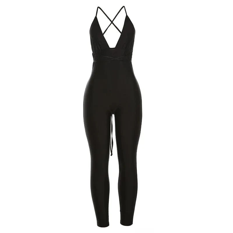 L / Black 2024 Casual Sport Fitness Streetwear Female Jumpsuit Sexy Neck Backless Skinny Elastic Jumpsuit Women Yoga Outfit