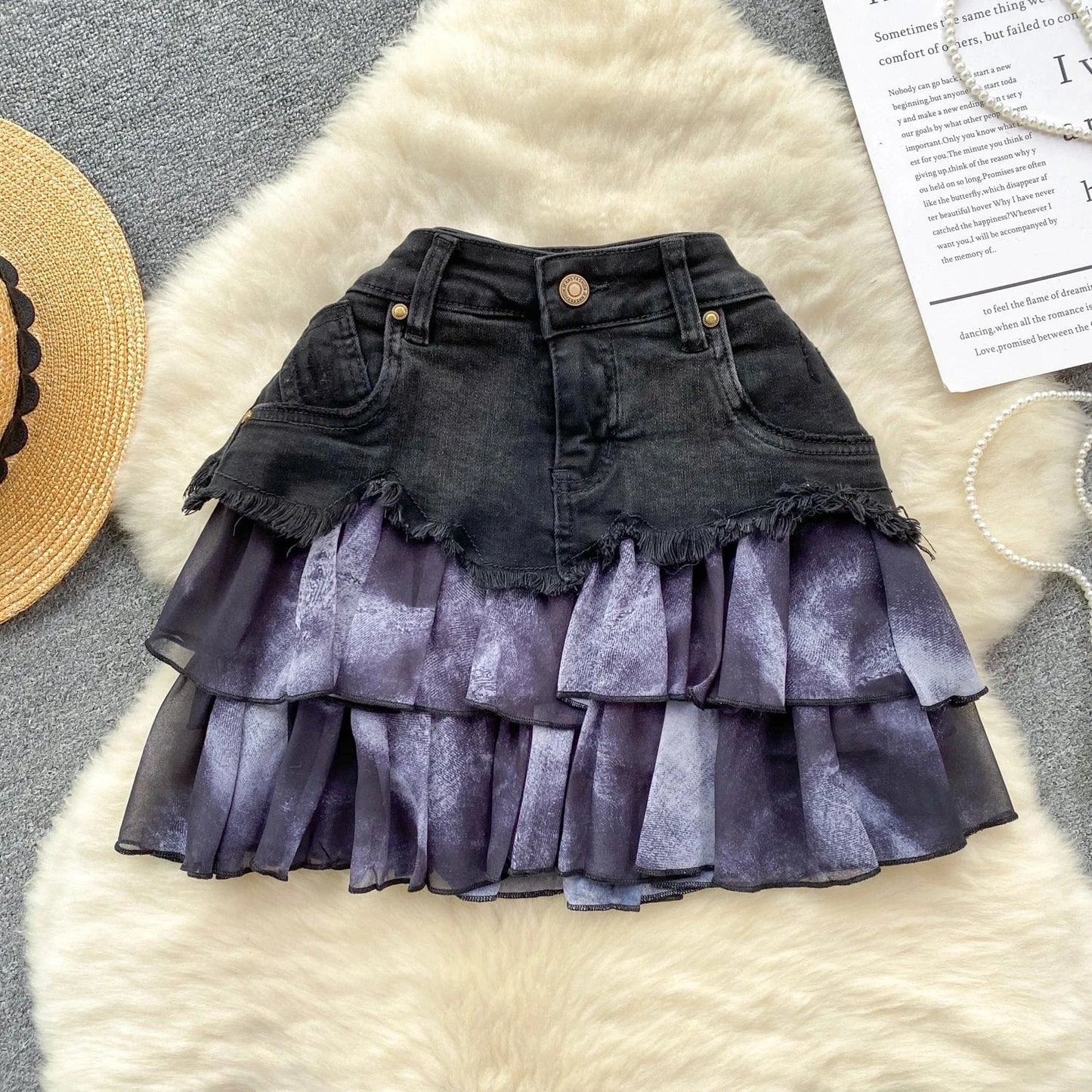 L / Black 2024 European and American style design chiffon ruffle edge patchwork denim skirt, women mini skirt