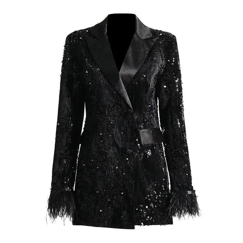 L / Black 2024 Fall Winter New Arrival Fashion Luxury Sequin Cuff Feather Patchwork Women Blazer