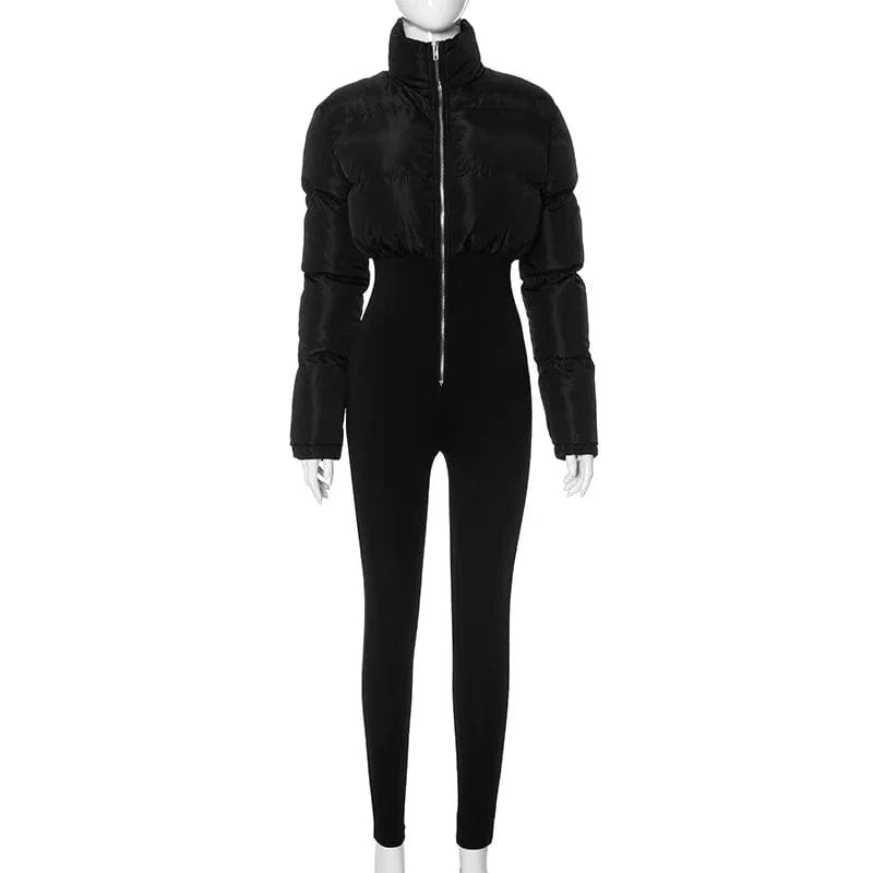 L / Black 2024 Fashion Women Long Sleeve Puffer Patchwork Winter Jumpsuits Streetwear Lady Bodycon Romper Jumpsuits