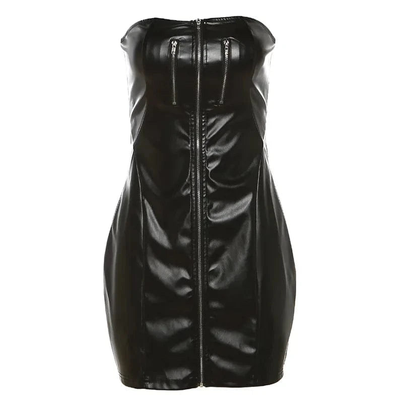 L / Black 2024 New Arrivals Womens Pu Leather Tight Dress Sexy Strapless Mini Dress Nightclub Sleeveless Bodycon Dress