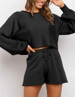 L / Black 2024 OEM Casual Long Sleeve Solid Color Knit Pullover Sweatsuit 2 Piece Short Sweater Outfits Sets plain sweat suit