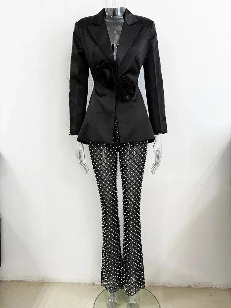 L / Black 2024 Spring Lady Fine Workmanship Beading Solid Suit Long Sleeve Hollow Out Waist Blazer See-through Flared Pants Women 2Pcs