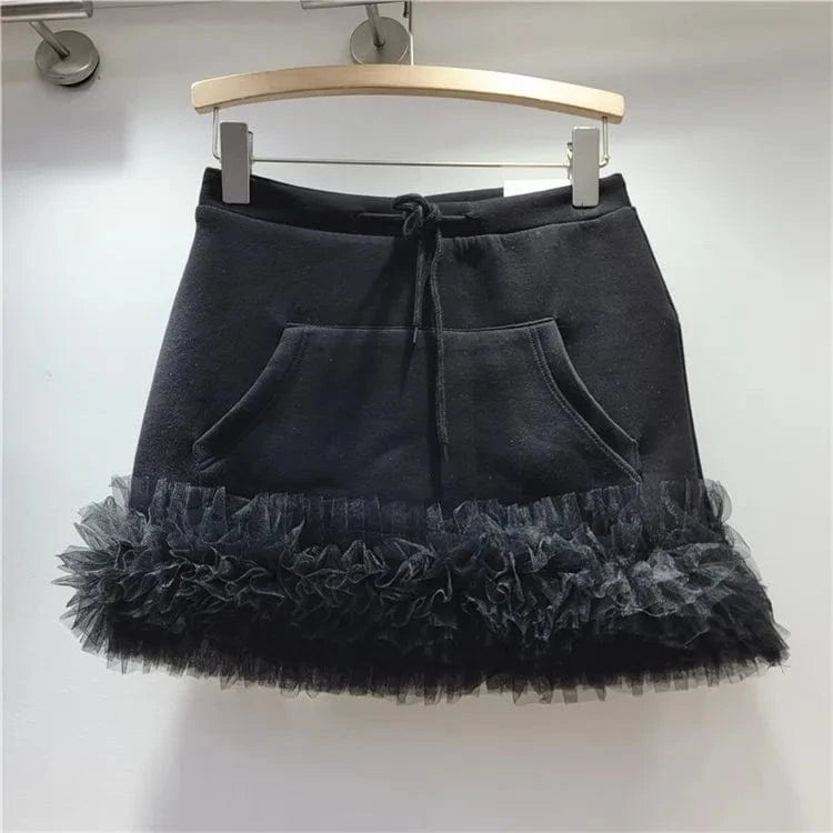 L / Black 2024 Spring Summer New Drawstring Elastic Waist Pocket Multi Layer Lace Decoration Mini Skirt Women