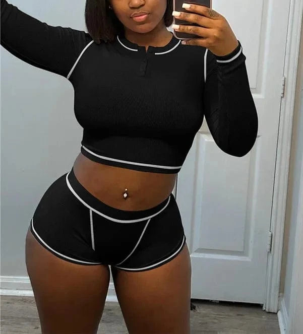 L / Black 2024 Women clothes set high Waist slim fit  pink 2 piece long sleeve crop top and shorts set loungewear sets for women