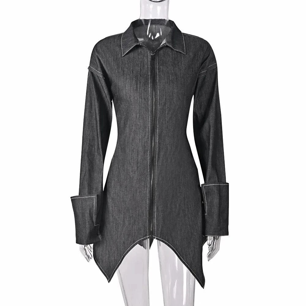 L / Black 9866dhd New Sexy Elegant Women's Denim Dress Slim Long Sleeve Asymmetrical Shirt Collar Zipper Denim Dress For Lady Women