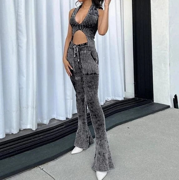 L / Black Autumn 2023 Deep V Neck Tank Top+Flare Pants Set Womens Casual Set Fashion Striped Knitted Two Piece Set