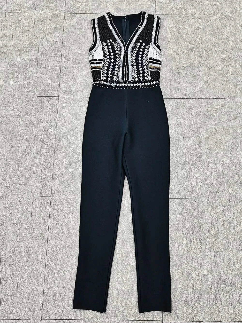 L / Black BA257 Sexy Deep V Beading Bandage Jumpsuit Women Summer 2023 Sleeveless High Waist Pencil Pants Bodysuits Original One Pieces