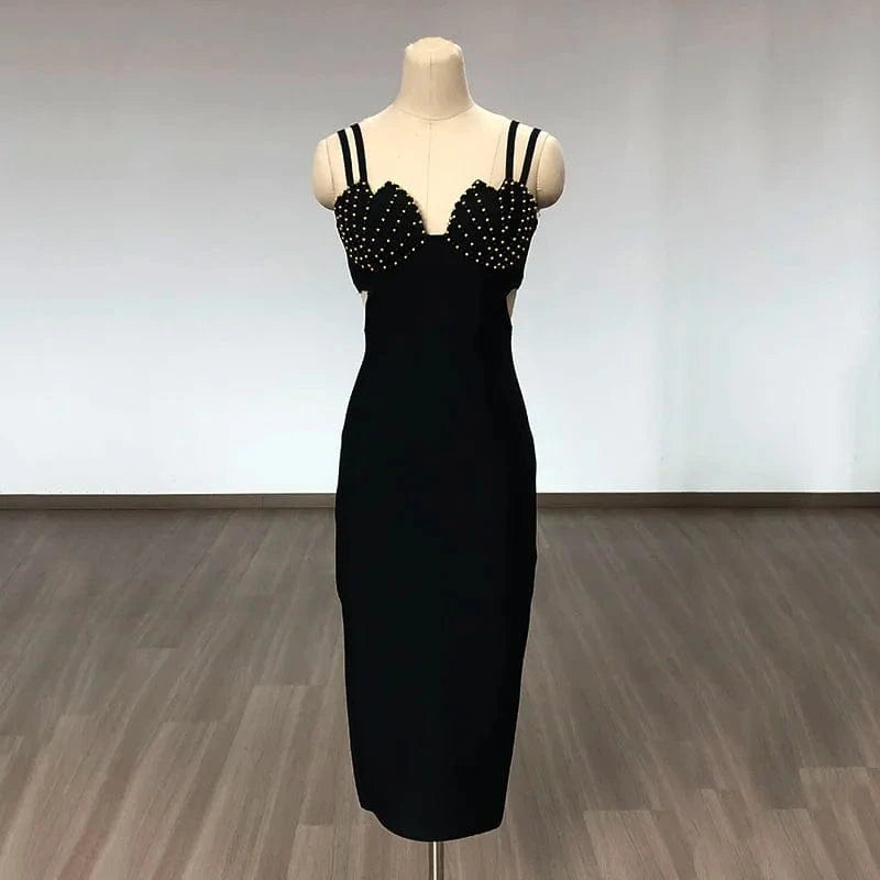 L / Black BA366 Sexy Beaded Strapless Bandage Dress for Women Summer 2023 New White Black Sleeveless Midi Dresses Elegant Slim Vestidos