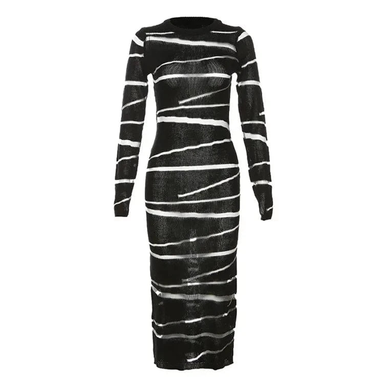L / Black Black Long Sleeve Knit Patchwork Long Dress Party Evening For Women Mesh Hollow Out Maxi Dress