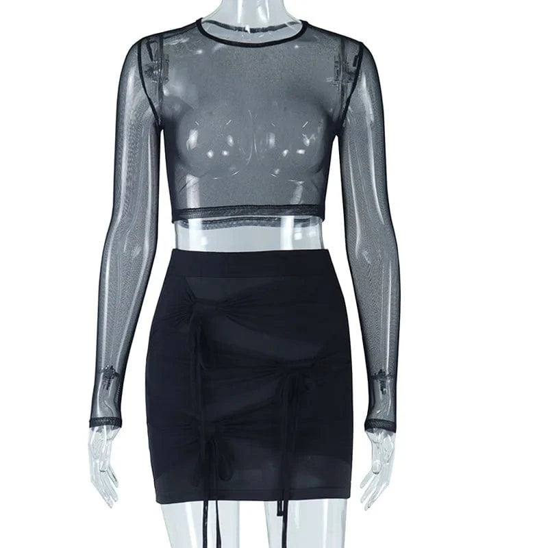 L / Black Bomblook ASST149 Mesh Knot Two Piece Set Skirt And Top 2 Piece Set Fall 2023 Women Clothes