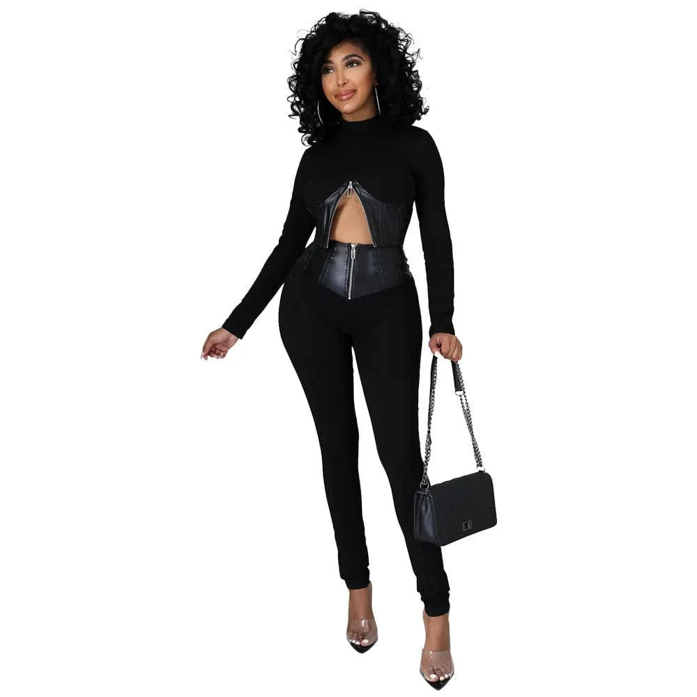 L / Black Bomblook C105ST 2024 Clothes For Women Solid Patchwork Shirt With High Waist Pants Casual Zip Outfits Women Two Piece Sets