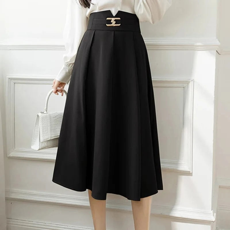 L / Black Button High-Waisted A-line Skirt Woman Pure Color Swing Elegant Casual Office Ladies OL Midi Skirts