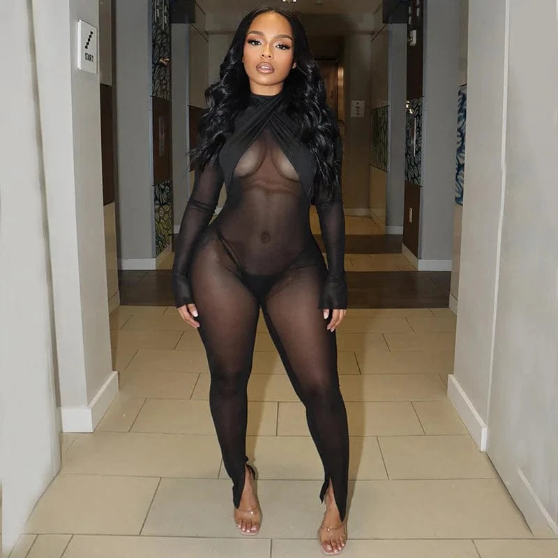 L / Black C0983 Wholesale Spring Sexy See Through Zipper Cross Halter Neck Mesh Patchwork jumpsuit