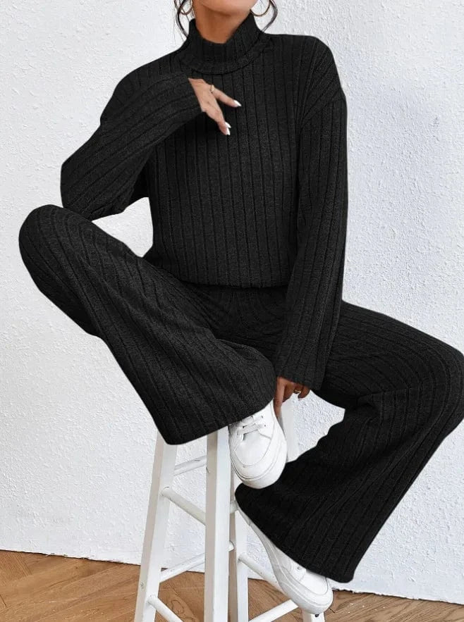 L / Black Casual Warm Loose Floor-length Sweater Pants for Women Autumn Winter High Waist Wide Leg Knitted Trousers Femme 2024