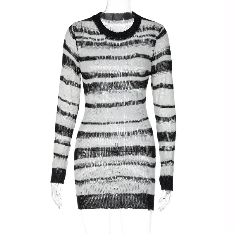 L / Black D3713481w Sexy Fall Graceful Women's Knitting Dress Sweater New O-neck Long-sleeved Striped Wrap Dress For Lady Women