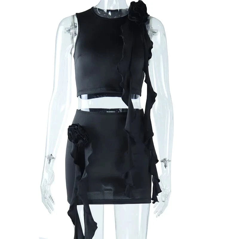 L / Black Fashional Design Solid Color O Neck Women Skirt Set Two Piece Fitness Crop Tank Top And Mini Skirt Set With Flower