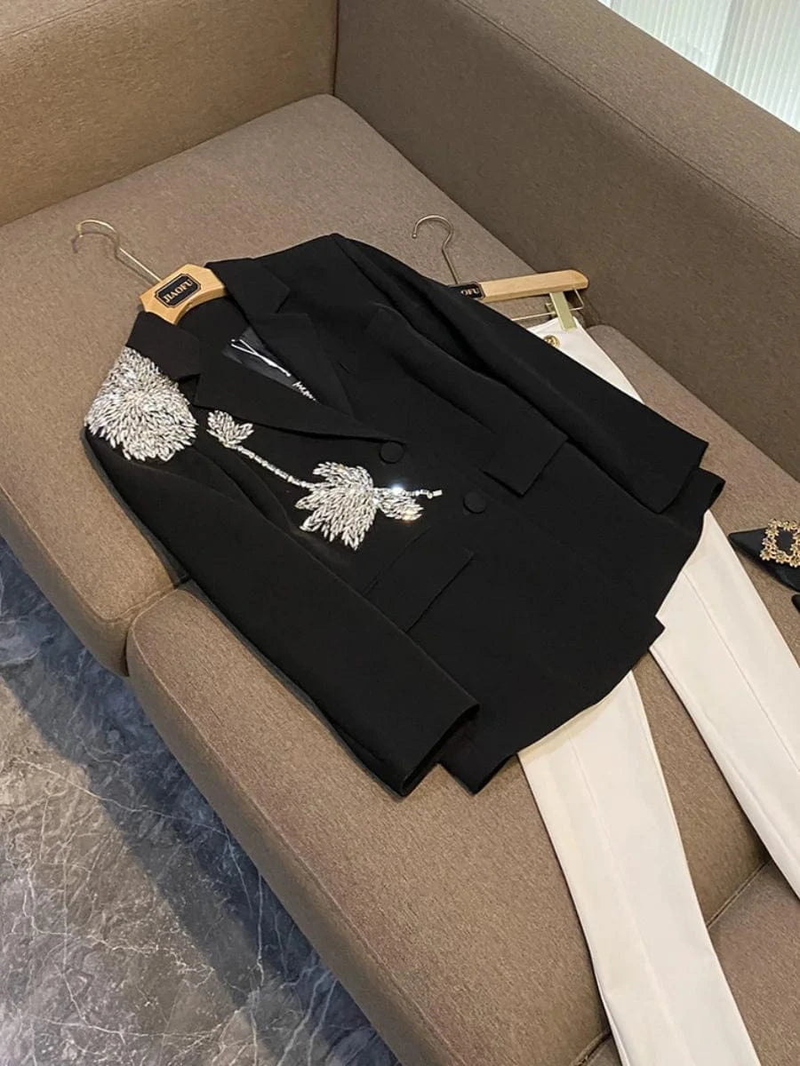 L / Black Fine Workmanship Rhinestone Beading Flower Lady Office Fashion Wear Two Buttons Long Sleeve Women Black Blazer