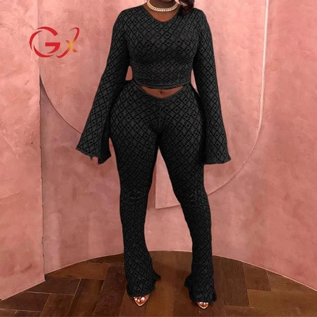L / Black GX0939 Spring 2024 Women Clothing Vendor Lady Sexy Night Club Wear Hollow See Through Cropped Top and Flare Pant 2 Piece Set