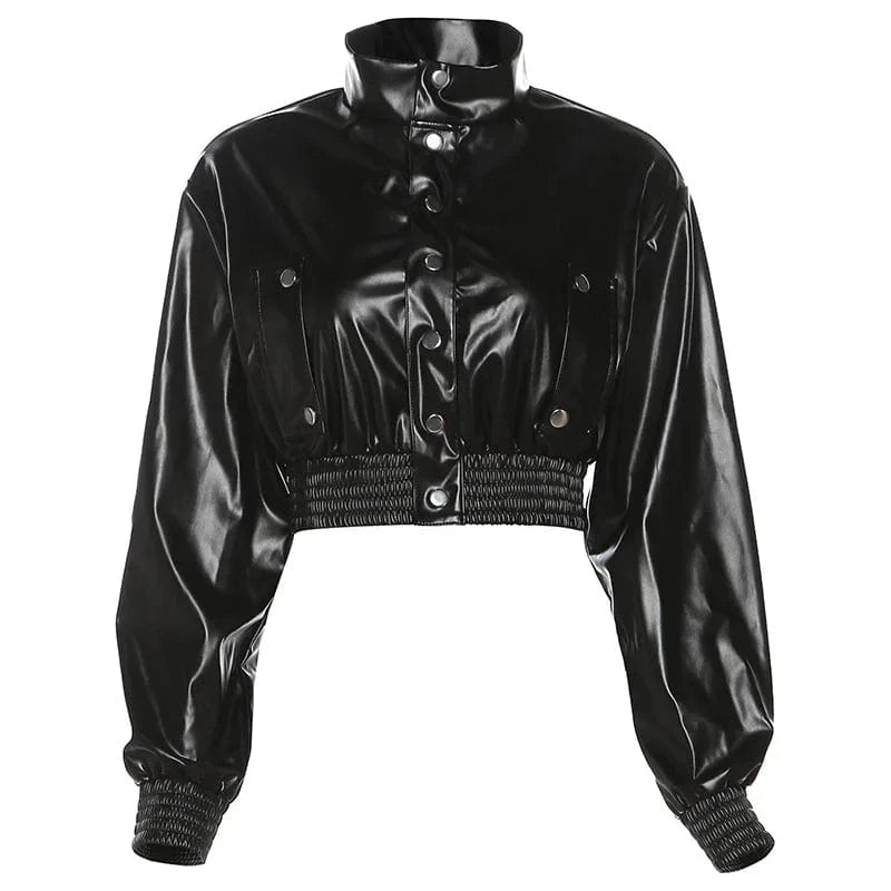 L / Black Jacket 2024 Fashion Stand Collar Crop Leather Jackets and Mini Skirt Sets for Women Pu Leather Bomber Jacket Matching 2 Piece Outfits