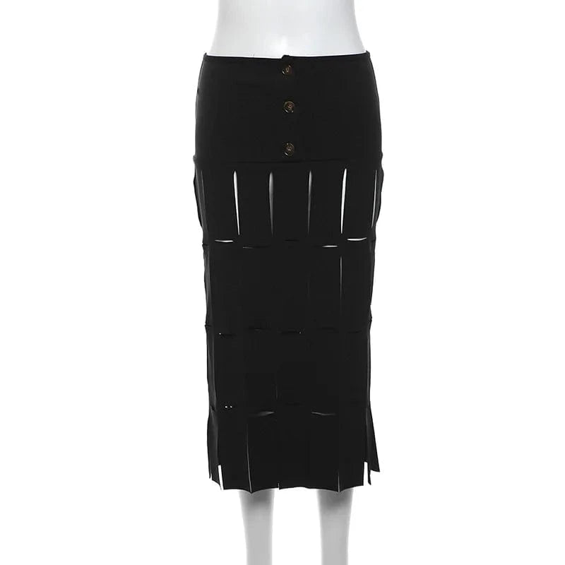 L / Black K23j39543 Autumn 2024 New Hole See Through High Waist Skirt Solid Loose Casual Outfit Streetwear Fashion Skirt For Women