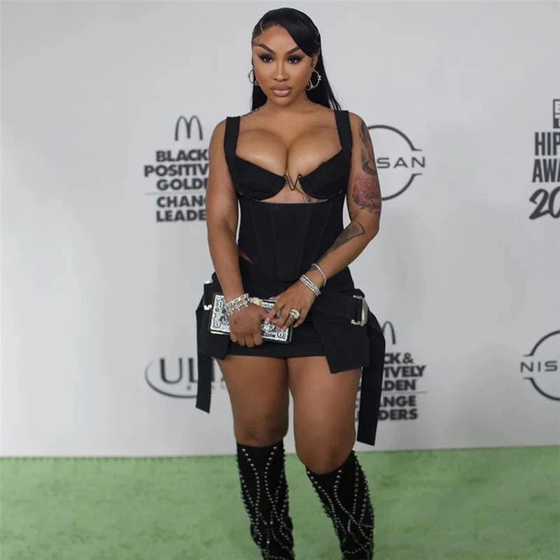 L / Black K23S38240 2024 Fashion Zip-up Tanks+high Waist Cross Ribbon Skirts Female 2pcs Set Cut Out Sexy Women's Set