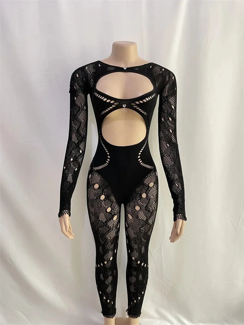 L / Black Kliou 2024 new lace hollow out long sleeve O-neck jumpsuit pant solid bodycon sexy outfit jumpsuit for women