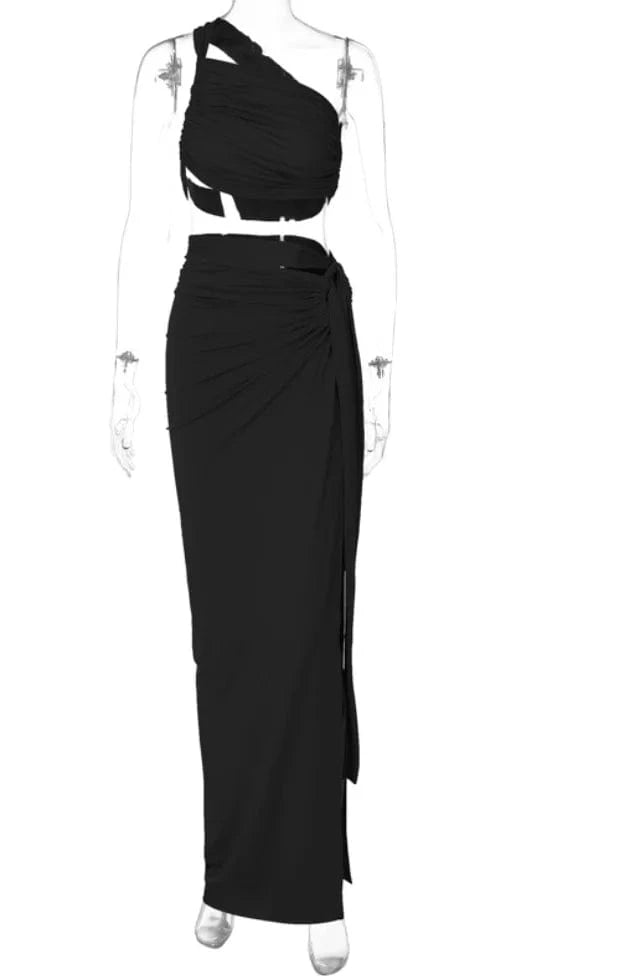 L / Black Liu Ming Autumn Fashion 2024 Trending Women Sexy Sleeveless Backless One Shoulder Hollow Out Side Slit Y2K Maxi Skirt Set