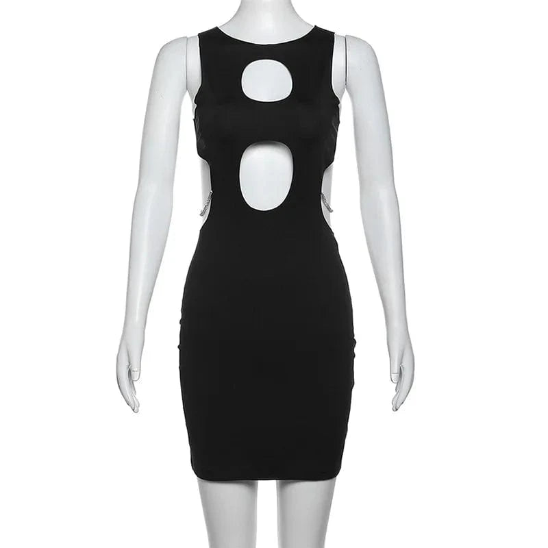 L / Black Liu Ming Hot Trending Products 2024 Women Clothes Sexy Cut Out Rhinestone Chain Club Outfits Elegant Boddycon Mini Dress