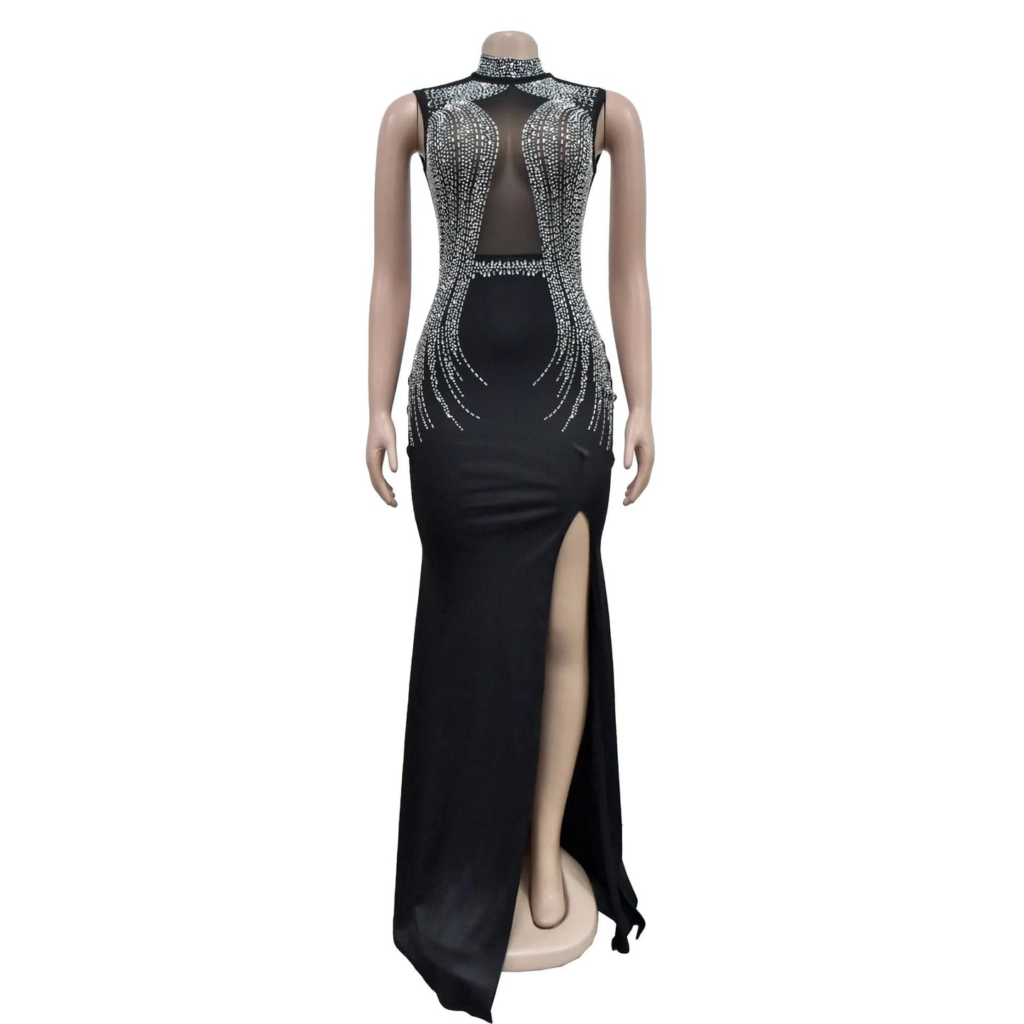 L / Black - Long 2024 Rhinestone Bodycon Slit Sleeveless Elegant Floor Length Wedding Evening Party Dress Women