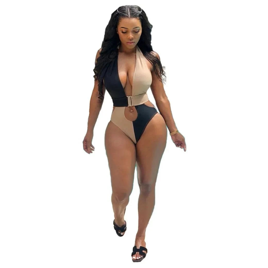 L / Black n Apricot 2024 New Arrivals Pierced Halter Neck Colorblock Swimwear Bikini Women One Piece Hot Sexy Deep V-Neck Swimsuit