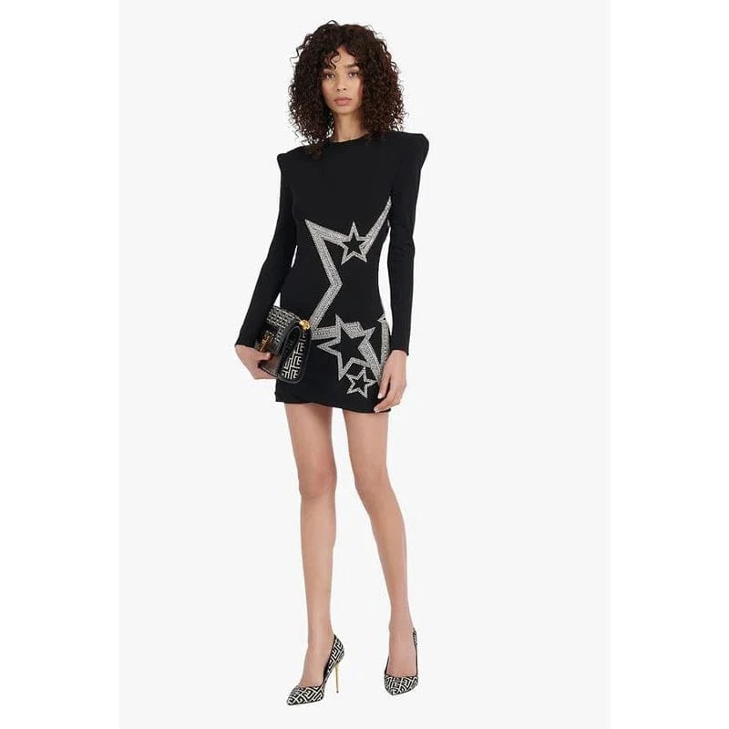 L / Black Novance B3132 Fast Air Shipping China to Canada Crystal Star Pattern Black Satin Dress Formal Bodycon Dress Women Elegant Outfit