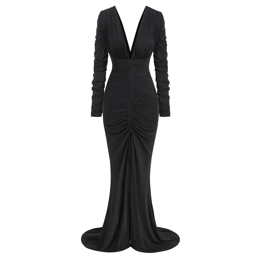 L / Black OUDINA 2024 Ladies Clothing Deep V Long Sleeve High Waist Backless Fishtail Formal Dress Evening Women Dresses Elegant