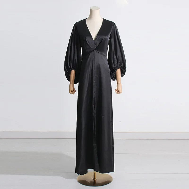 L / Black OUDINA 2024 New Arrivals Elegant Waist Pleated V-neck Puff Sleeve Women's Clothing Dress Long Casual Dresses